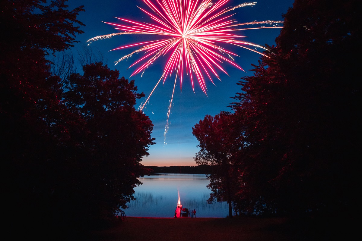 Fireworks exploding over a lake.