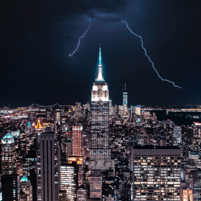 Photo of New York City getting struck by lightning.