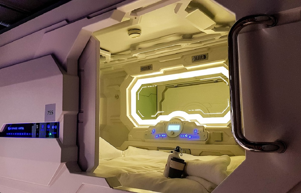Photo of a capsule hotel in Japan.