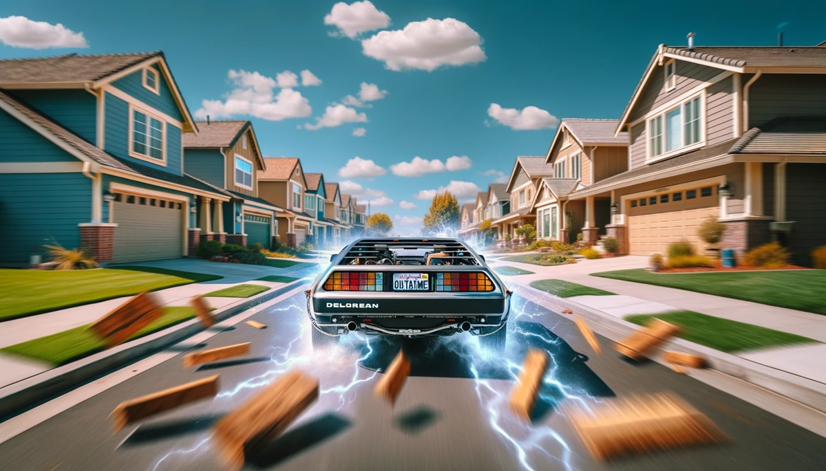 A rendering of a Delorean breaking through houses.