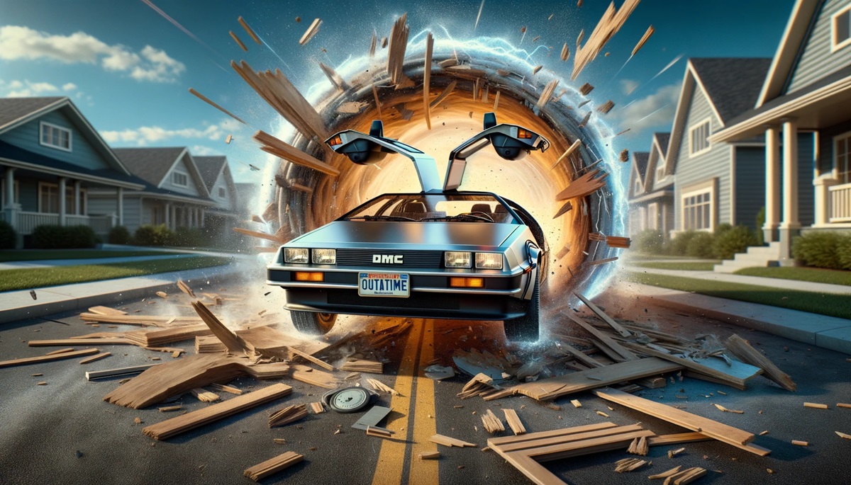 A rendering of a Delorean breaking through houses.