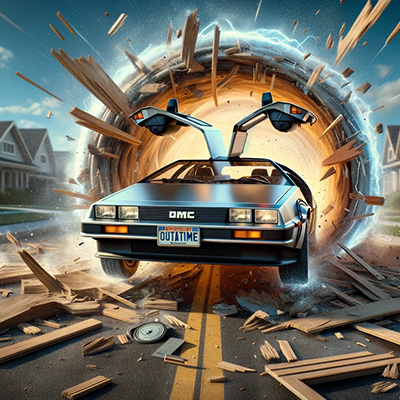 A rendering of a Delorean breaking through houses.