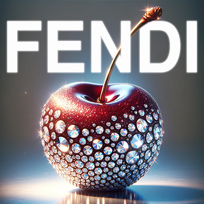 A blinged-out cherry with the words FENDI above it.