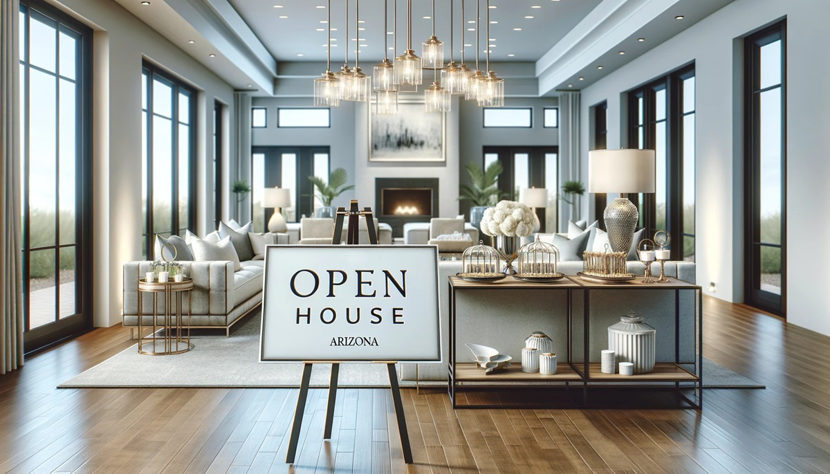 A rendering of a luxury home during an Open House.