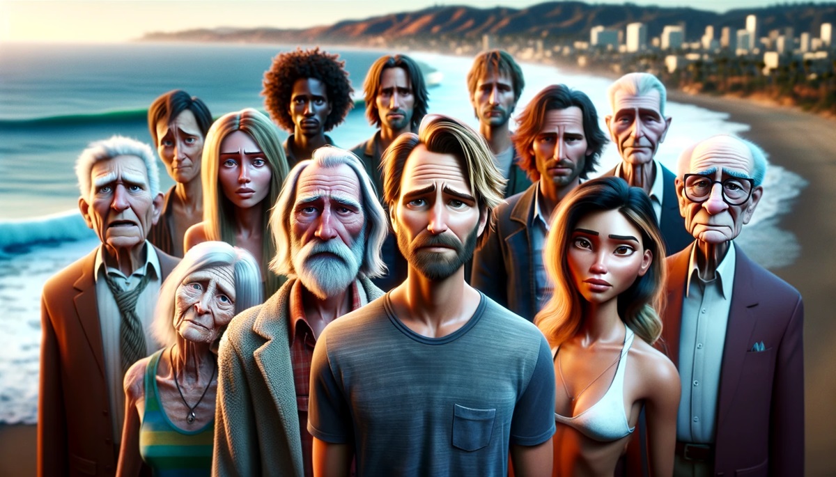 Rendering of a group of sad looking Californians.