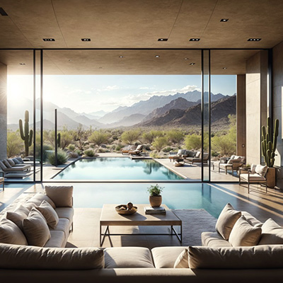 A great room with large windows looks out to the desert.