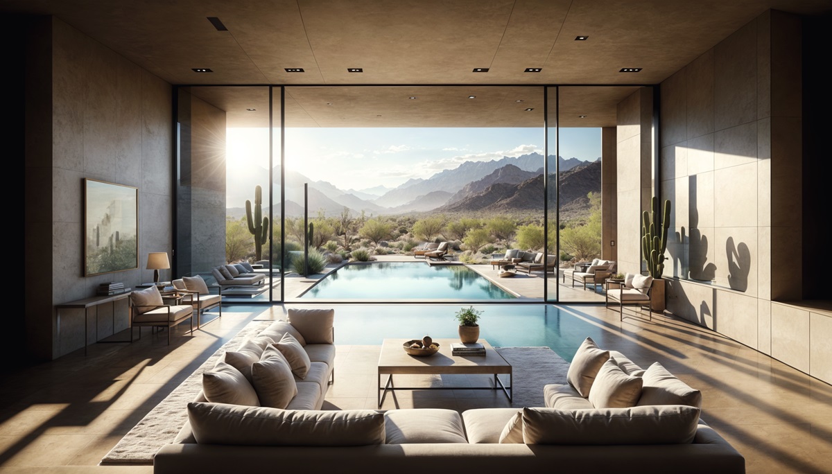 A great room with large windows looks out to the desert.