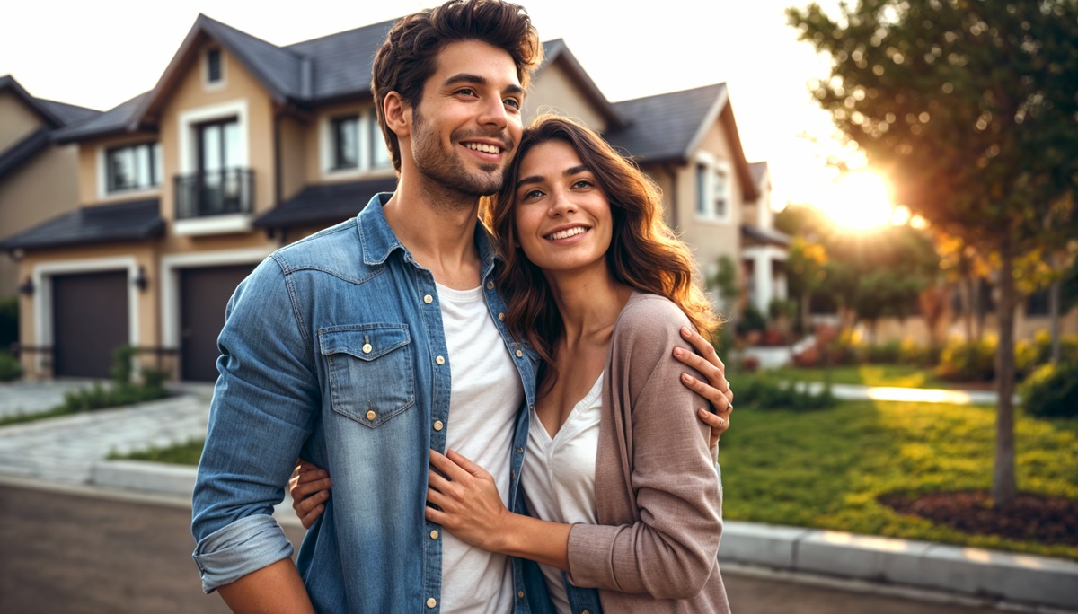 A happy couple in front of a home.