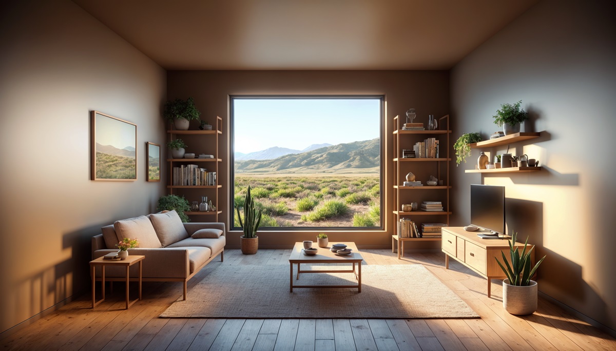 Rendering of a living room in a home in the desert.