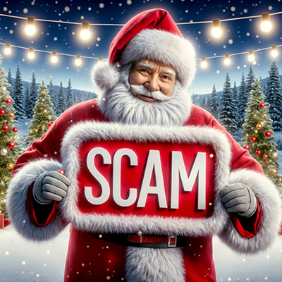 Rendering of Santa Clause holding a sign saying "Scam".