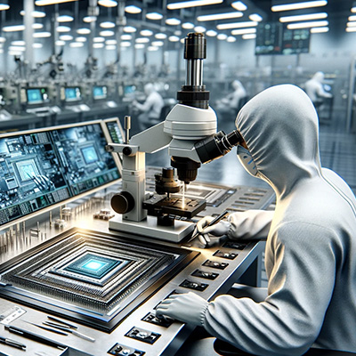 Rendering of a scientist working on a semiconductor.