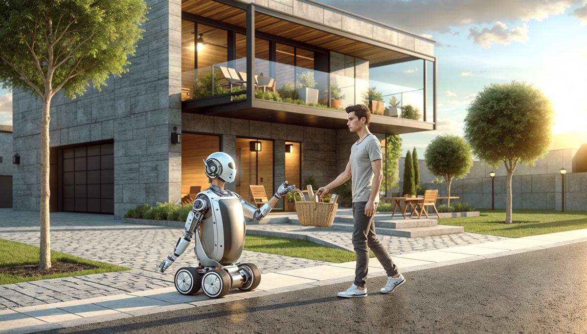 A robot helping a human in front of a house.